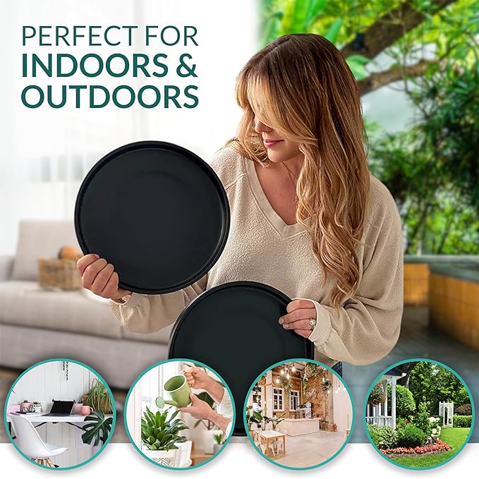 Willowy 12 Inch Black Ceramic Plant Saucer (2 Pack) - Plant Drip Trays for 9-11 Inch Planters,Plant Saucers for Indoors,Plant Trays for Pots,Plant Pot Saucers,Plant Water Tray,Plant Dish Saucer