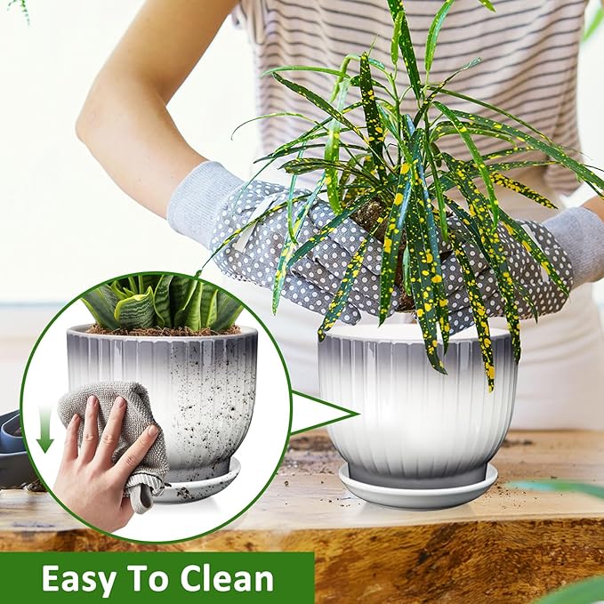 6.7 + 5.5 Inch Plant Pot, Ceramic Planter with Drainage and Saucer, Ceramic Pots for Plants, Indoor Plant pots,Ceramic Flower pots（Gray + White, Plants NOT Included）
