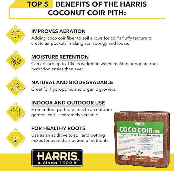 Harris Coco Coir Pith, 4 Bricks Expand to 9 Gallons of Coconut Coir to Promote Healthy Root Growth