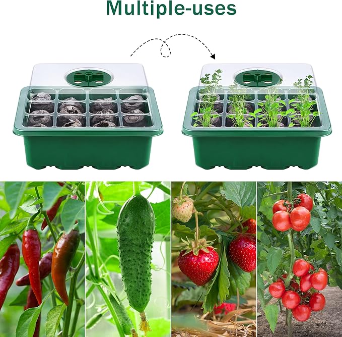 6 Pack Seed Starter Tray Kit with Grow Light and Humidity Dome Germination Trays with 72 Peat Pellets, Plant Labels, Gardening Tools, Plant Growing Trays for Seeds Growing Starting, Green