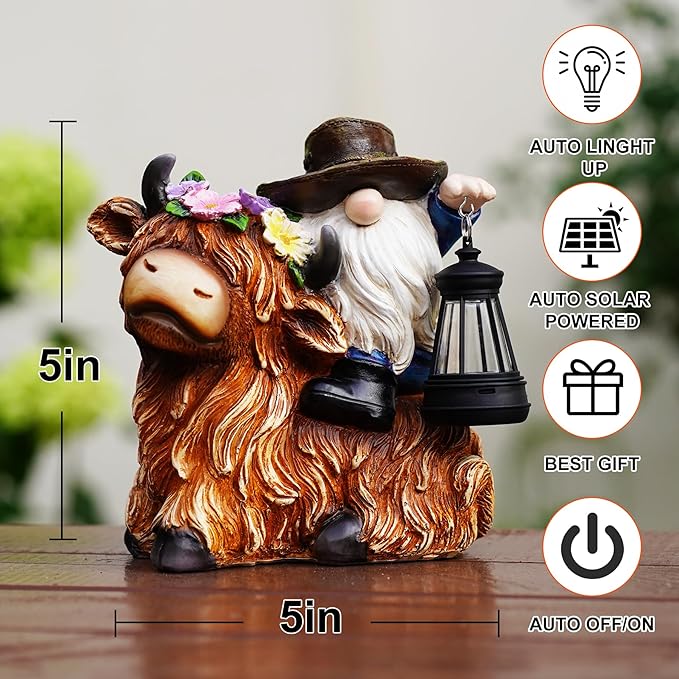 Solar Highland Cow Gnome Garden Decorative Statue - Detachable Lantern - Outdoor Fun Decoration, Suitable for Patio, Back Porch, Table Ornaments, Unique Housewarming, Birthday Gifts for Women, Mom
