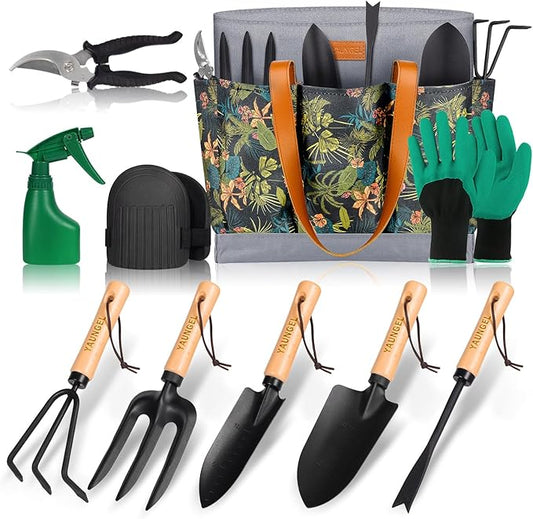 YAUNGEL Gardening Tools - 10Pcs Garden Tool Set Heavy Duty Stainless Steel Gardening Supplies Hand Tools with Wooden Handle, Storage Tote Bag, Ideal Gardening Gifts for Women and Men, Black