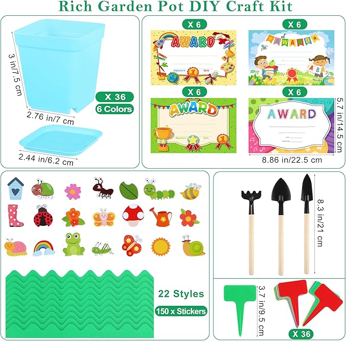 Elcoho 36 Set Garden Plastic Pot Craft Kit Plant Spring Craft Kits for Kids Flower Pots with 150 Foam Stickers 36 Labels 24 Certificate of Awards 3 Tools Planting Growing Kit for Kids, Mixed Colors