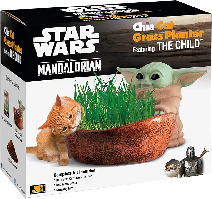 Chia Cat Grass Planter - Star Wars The Mandalorian The Child – Healthy Treat for Your Cat - Decorative Pottery Planter, Easy to Do and Fun to Grow, Novelty Gift, Perfect for Any Occasion.