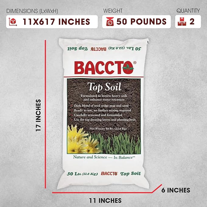 Baccto Top Soil for Lawns, Gardens, and Raised Planting Beds with Reed Sedge, Peat, and Sand, 50 Pounds (2 Pack)
