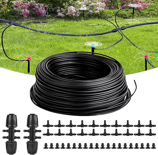 100FT 1/4 Inch Drip Irrigation Tubing, Distribution Hose Tube Kit Includes 2pcs 6-Way Connectors & 20pcs 1/4" Tee Splitters and End Plugs for Garden DIY Water-Saving Drip Irrigation System