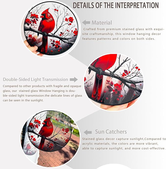 RIVEENY Cardinal Stained Glass Window Hanging,Cardinal Stained Glass Suncatcher,8" Window Suncatcher Hanging Ornaments Wall Art, Hand-Painted Glass Panel Home Decor for Mom Grandma