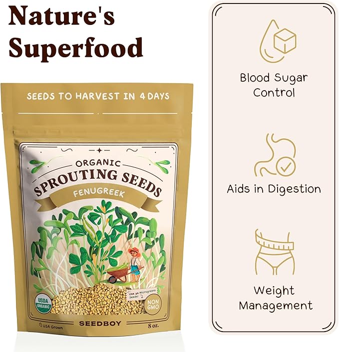 Organic Fenugreek Seeds for Sprouting - Non-GMO, USA Grown Fenugreek Microgreens Sprouting Seeds Mix - Makes 8 Quarts of Sprouts, 24 Servings (8 oz) (Fenugreek)