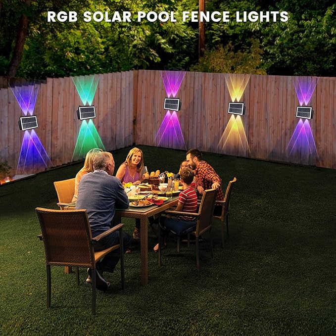 Solar Powered Outdoor LED Lights, Waterproof Wall Sconces, 4 LEDs Fence Lights, Up & Down Lighting for Backyard, Deck, Patio, Porch, Balcony, Garden (4 Pack)