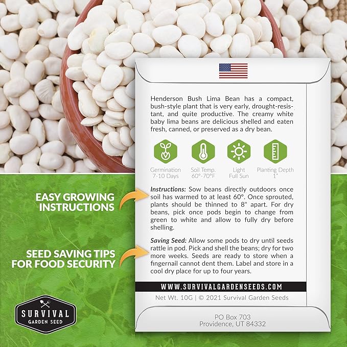 Survival Garden Seeds - Henderson Lima Bean Seed for Planting - 3 Packs with Instructions to Plant and Grow Tender White Butter Beans in Your Home Vegetable Garden - Non-GMO Heirloom Variety