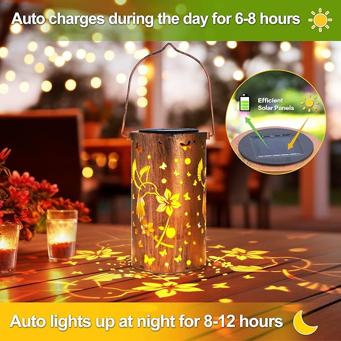 4 Packs Solar Lanterns Outdoor Hanging Lantern Lights, 4 Hummingbird Hollowed-Out Metal Decor Lantern, Waterproof LED Decorative Garden Light Gifts
