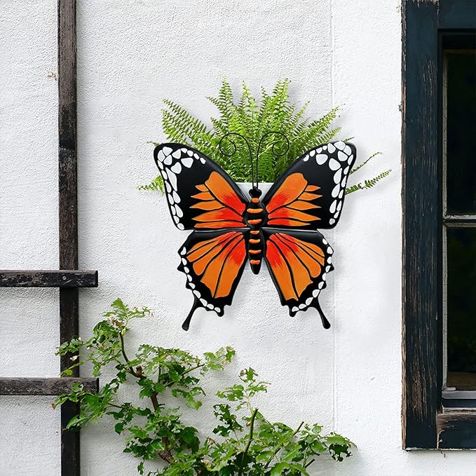 BAYN Set of 3 Butterfly Wall Hanging Planter Decor Art, Metal Wall Mounted Planters Garden Yard Decorative Flower Pot Indoor Outdoor Wall Planter Succulent Plant Container