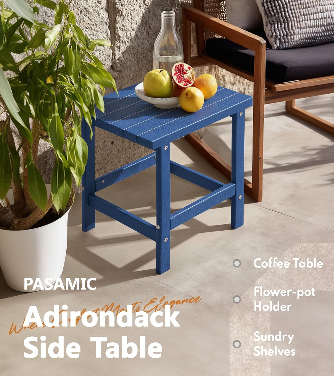 PASAMIC Adirondack Square Side Table, HDPE Outdoor Side Tables, Weather Resistant End Table for Patio, Backyard, Pool, Indoor Companion, Beach, Easy Maintenance (Navy Blue)