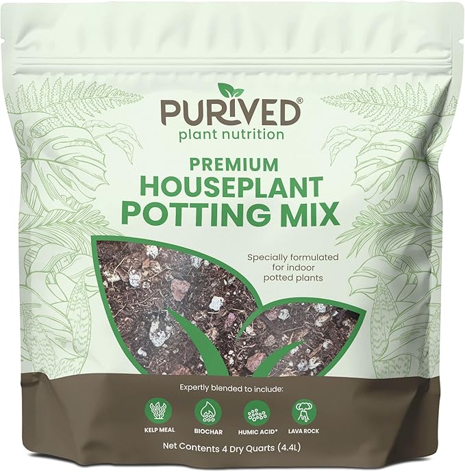Purived Premium Houseplant Potting Mix | 4 Quarts | Ideal Soil Drainage & Moisture Retention for Indoor Potted Plants | with Kelp, Biochar, Lava Rock & Humic Acid | Made in USA