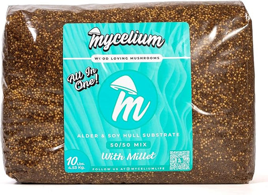 Mycelium Gourmet Mushroom All-in-One Bag - Premium Organic 10 LB Blend of Alder & Soy Hull Substrate with Sterilized Millet Grain - Perfect for Wood-Loving Mushrooms - Home Growing Made Easy