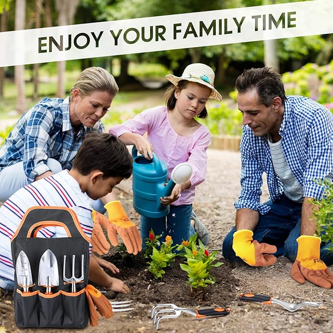 11 Pcs Garden Tool Set Heavy Duty Aluminium Alloy Tools with Ergonomic Handle, Durable Gardening Hand Tools Kit Includes Apron,Storage Tote Bag, Gardening Gifts for Women Men(Orange)