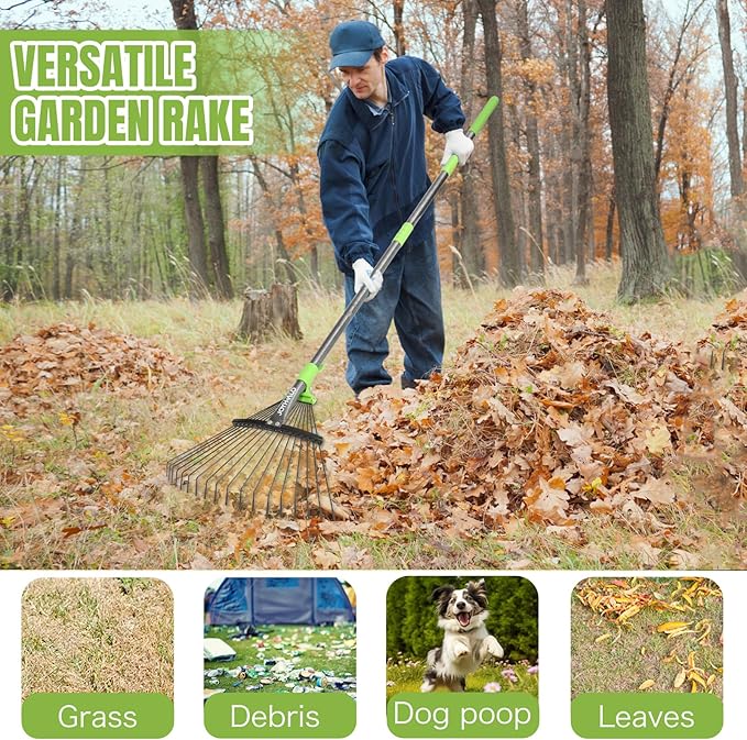 JOYHALO 63.4 inch Rake for Leaves - Adjustable, 18 Tines Metal Garden Rake with Detachable Handle, Lightweight Leaf Rakes for Gardening and Flower Bed
