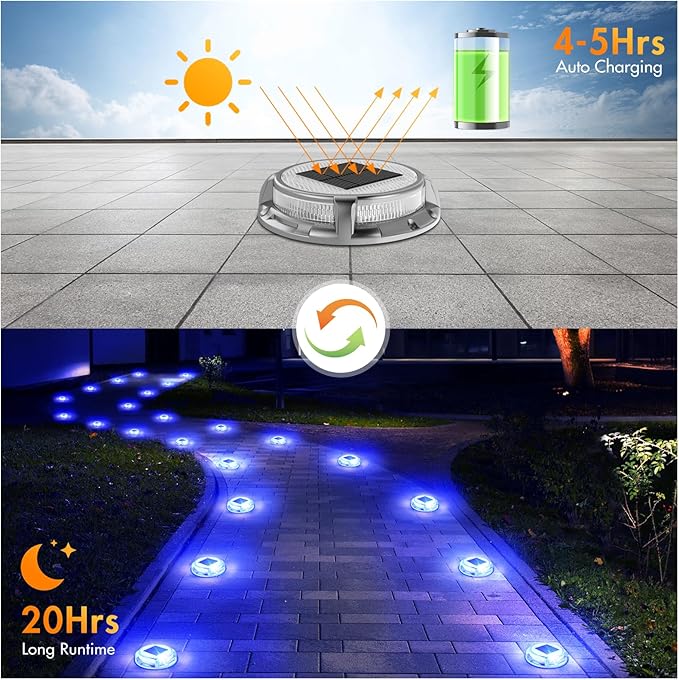 Quntis Solar Deck Lights for Outside, 3 Color Modes Deck Light Outdoor IP68 Waterproof, Solar Driveway Lights for Stair Pathway Walkway Road (Blue/Cool White/Warm White) 4 Pack