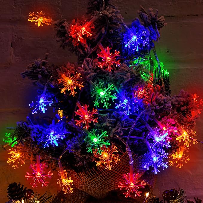 Brightown Solar Christmas Snowflake String Lights - 2 Pcs 100 LED 39 FT Outdoor Waterproof Fairy Lights with 8 Lighting Modes for Wedding, Party, Tree, Garden, Patio, Yard, Home, Multicolor