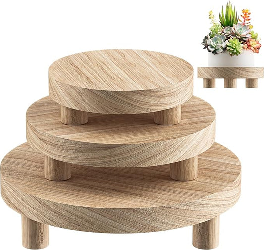 3 Pcs Wood Plant Stand Indoor Outdoor, Round Wood Riser for Decor 6/8/10" Wooden Stool Display Stand Flower Pot Holder Small Planter Tray Modern Potter Decorative for Desktop Counter Room (Natural)