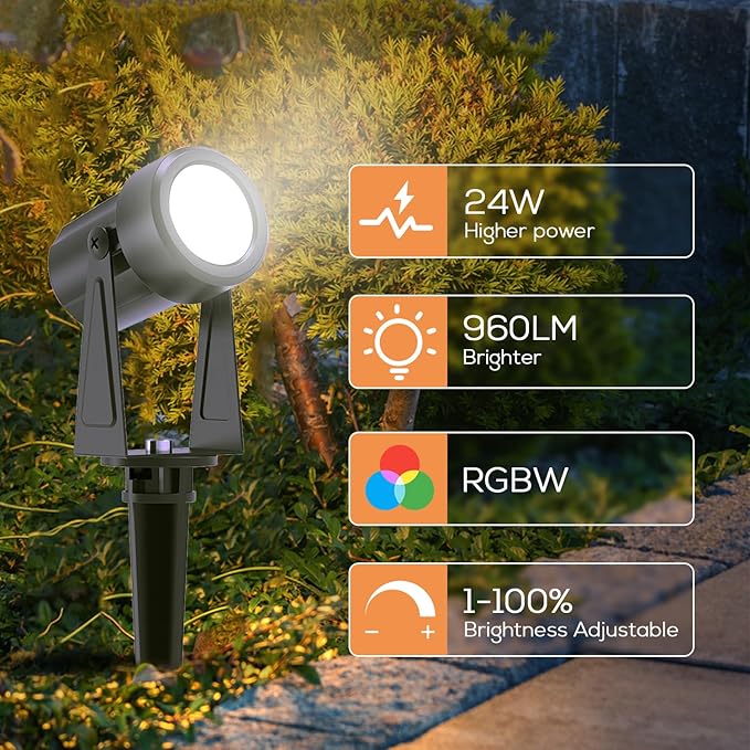 SUNTHIN Outdoor Landscape Lighting with Remote, RGBW Color Changing Spot Uplights, IP65 Waterproof & Connectable, 8 Pack