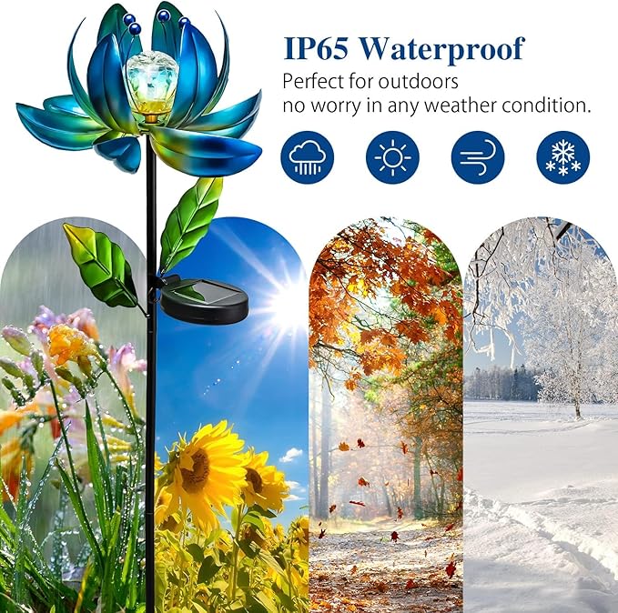 Solar Garden Lights Metal Flower Decor, Colorful Spinning Windmill Lotus Pathway Ligths with LED Cracked Crystal Ball Outdoor Decorative Stake Lighting Waterproof Flower Sculpture for Patio Yard