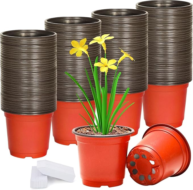 4 Inch 400 Pack Plastic Nursery Pots with Drainage Holes,Plastic Seed Starting Pots Come with 400 Pcs Labels, Reusable Seedling Flower Plant Container for Succulents, Seedlings, Transplanting