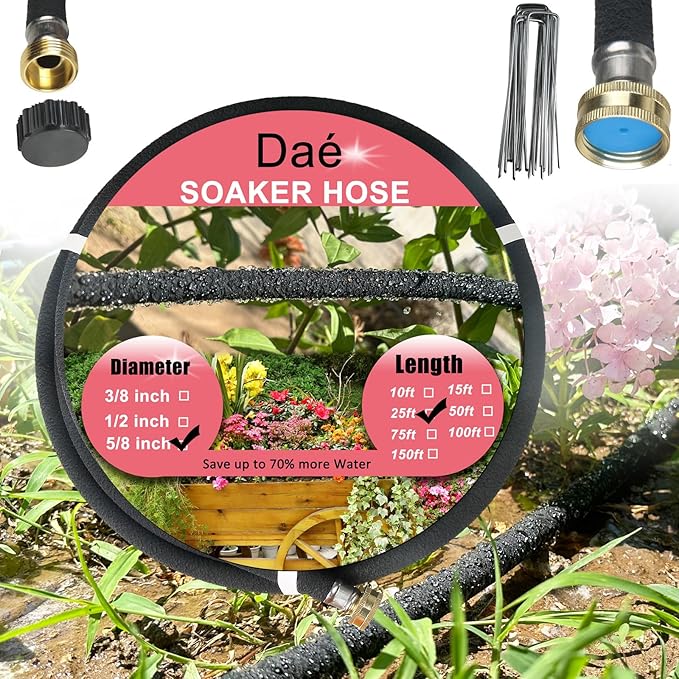 Rubber Soaker Hose, 5/8 inch, 25ft Garden Hose for Irrigation,Water-Saving up to 70%, Aluminium Connector Leak-Proof, Heavy-duty Hose, Watering for Trees,Lawns, Vegetables and Flowers.
