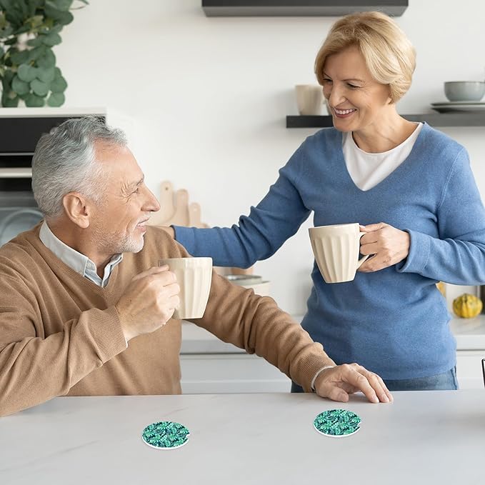 Green Tropical Foliage Palm Leaves Car Coasters,Ceramic Absorbent Cup Holders with Finger Notch & Cork Base Car Assecories for Women/Men 2.6"(2 Pieces)