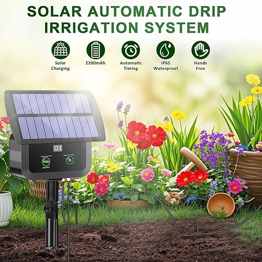 LCD Display Solar Drip Irrigation System Kit, 30 Working Modes & 10 Watering Interval Solar Powered Drip Irrigation Kit Supports 15 Potted Plants, 2200mAh Automatic Watering System for Garden