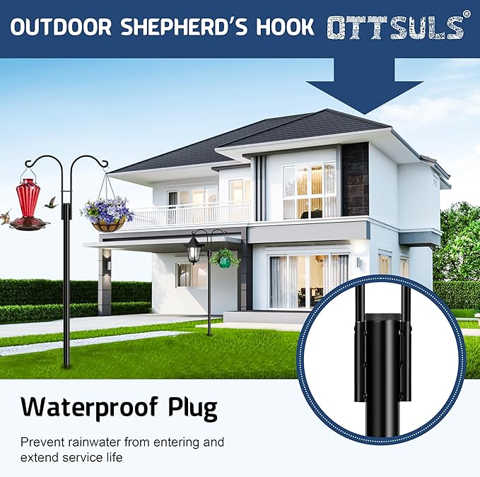 Ottsuls Bird Feeder Pole, 2 Pack 92 INCH Double Shepherds Hooks for Outdoor, Garden Pole with 5 Base Prongs Heavy Duty Planter Hooks for Hanging Plant Baskets, Lantern, Hummingbird Feeder