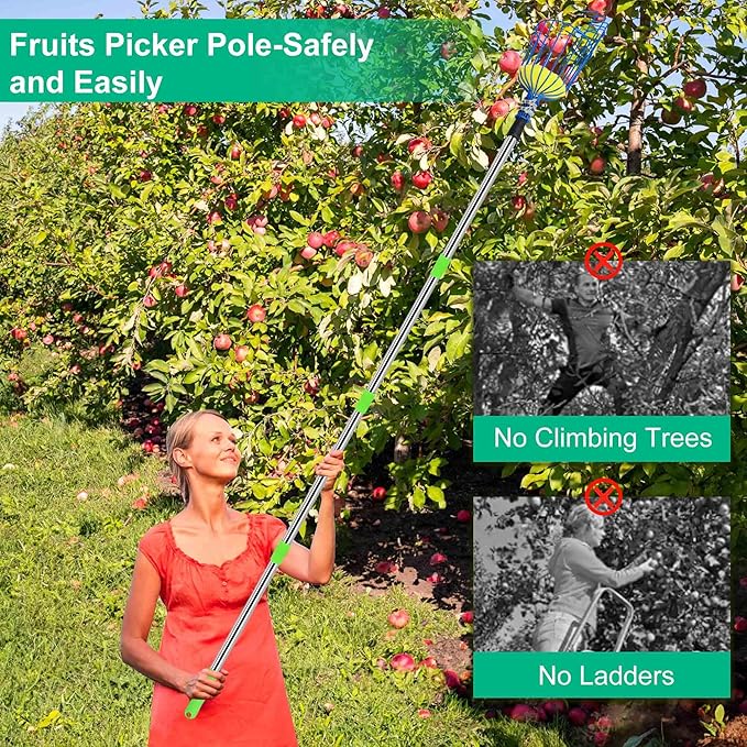 Fruit Picking Tool 2 Pieces, with Basket and 62.9-inch Fruit Picking Rod, The Rod can Connect up to 6 Parts, Reach a Length of 98 inches (with Storage Bag)
