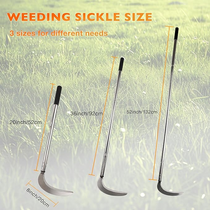 HQPASFY Weeding Sickle Set, Long Handle Sickle with Serrated Double-Edged Blade, Grass Sickle Stand Up Weeding Tool with 2 Pack Leaf Scoops, 16 Gallon Lawn Bag with Gardening Gloves ﻿﻿for Yard