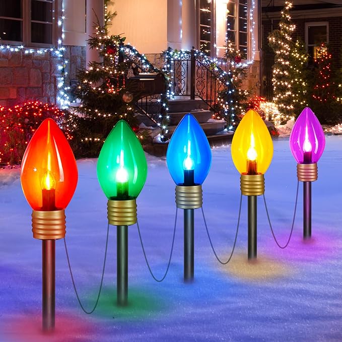 Jumbo C9 Christmas Lights Outdoor Decorations Lawn with Pathway Marker Stakes, 8.5 Feet String Lights Covered Jumbo Multicolored Light Bulb for Holiday Time Outside Yard Garden Decor, 5 Lights