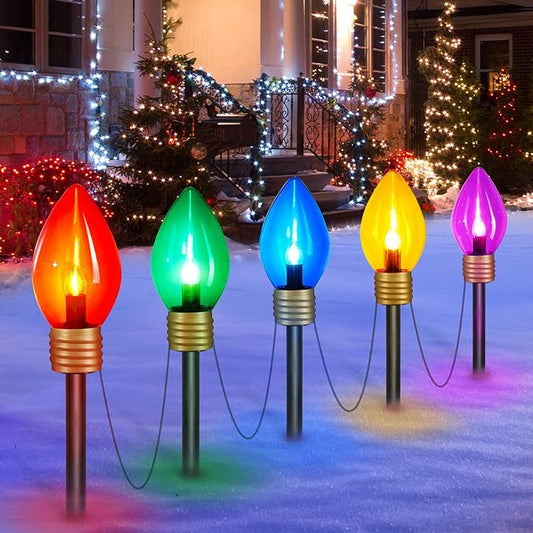 Jumbo C9 Christmas Lights Outdoor Decorations Lawn with Pathway Marker Stakes, 8.5 Feet String Lights Covered Jumbo Multicolored Light Bulb for Holiday Time Outside Yard Garden Decor, 5 Lights