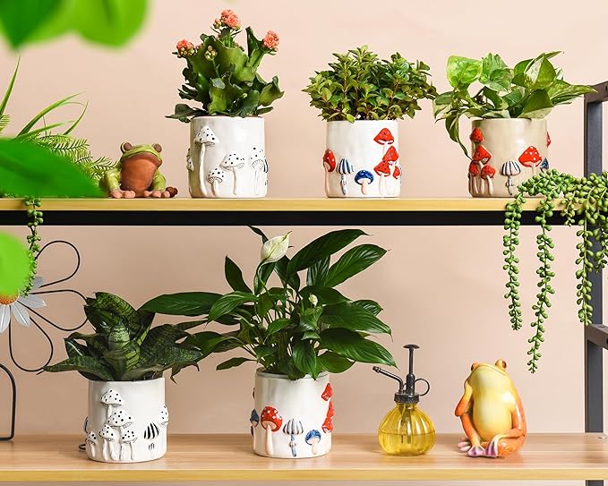 5 Inch Plant Pots Indoor, Unique Ceramic Pots for Plants with Drainage Hole, Cute Flower Pots for Indoor Plants, White Mushroom Planter Modern Decorative for Home Patio Garden