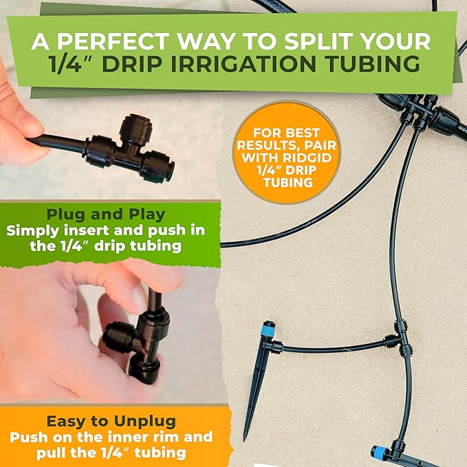 Carpathen Drip Irrigation Fittings Pack - Push-to-Connect Irrigation System Compatible - 3 x 4Way Coupler 1/2" to 1/4", 3 x 3 Way Tee T Shape Barbed 1/4 Drip Tubing Splitter, 5 x 1/4 End Plugs