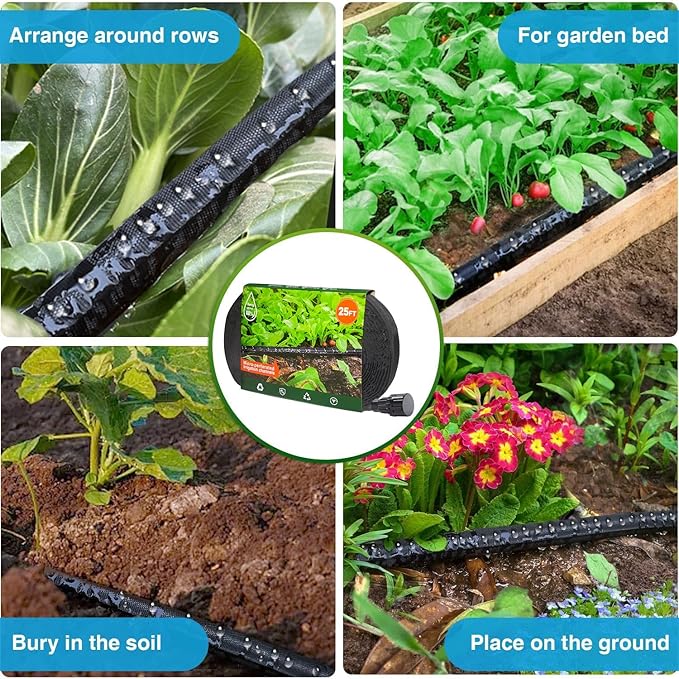 Flat Garden Soaker hose 25ft,Drip irrigation hose for garden beds,water hose with holes for flower beds,Saves 80% water.