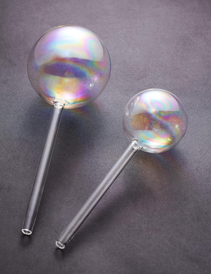 Tomorotec Iridescent Glass Self Watering Globes 6-Pack (3 Large+3 Small), Decorative Hand-Blown Rainbow Glass Watering Bulbs, Automatic Irrigation for Indoor & Outdoor Plants, Easy to Use and Maintain