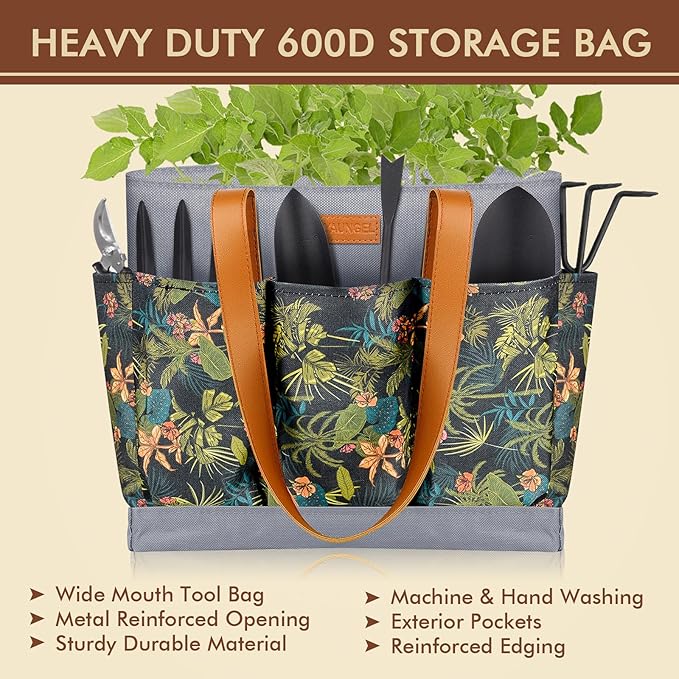 YAUNGEL Gardening Tools - 10Pcs Garden Tool Set Heavy Duty Stainless Steel Gardening Supplies Hand Tools with Wooden Handle, Storage Tote Bag, Ideal Gardening Gifts for Women and Men, Black