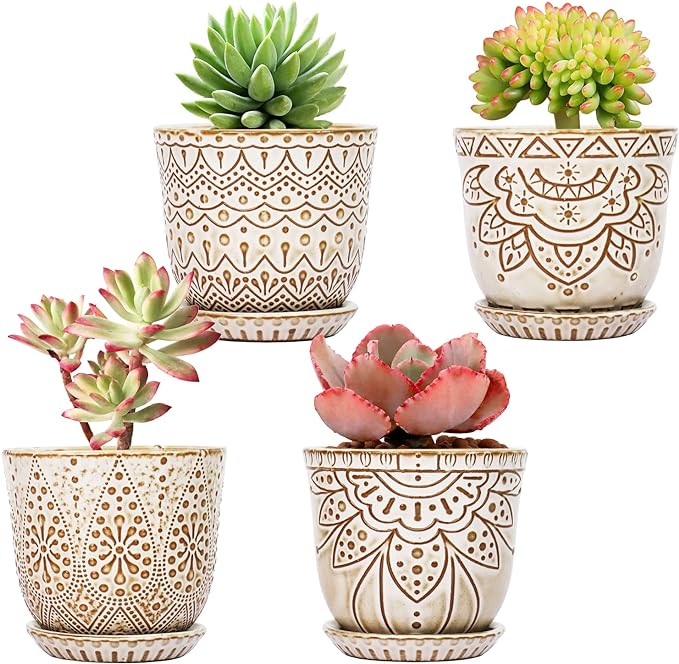 Gepege Succulent Pots, 4 Inch Small Indoor Ceramic Planter Pot with Drainage Holes and Saucers for Plants- Creamy White - Set of 4