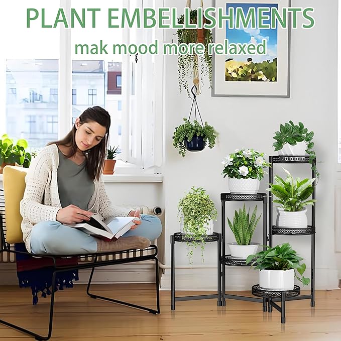 6 Tier Metal Plant Stand Indoor,31.5in Tall Corner Plant Stands Outdoor,Black Folding Tiered Flower Display Holder Rack Shelf Patio Garden Multiple Plants