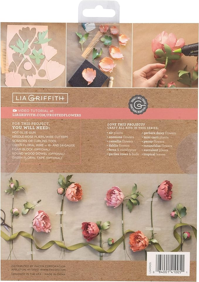 Lia Griffith Frosted Paper Peony Flowers, 8.5" x 11", Colors May Vary 20 Count