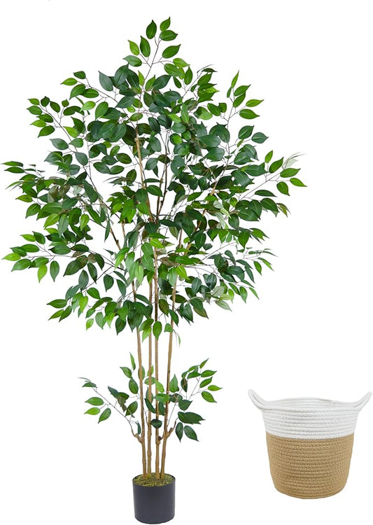 Artificial Ficus Tree, 6ft Tall Silk Fake Ficus Leaves Plant with Basket, Indoor Outdoor Faux Greenery Tree for Home Garden Office House Livingroom Décor
