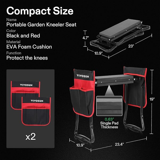 Garden Kneeler and Seat, 10.9" Wider Foldable Gardening Stool, Heavy Duty Garden Bench, Gloves & EVA Foam Pad & 2 Tool Bags, Gardening Tools for Women Men Father Mother, Portable Outdoor Garden Tools