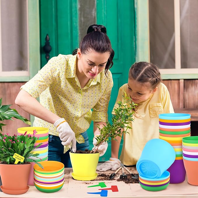 36 Pack 5.5 Inch Plastic Plant Pots with Saucers Colorful Flower Plant Container Seed Starting Pots Thickened Seedlings Nursery Pots for Home Garden Indoor Outdoor Flowers, 9 Colors