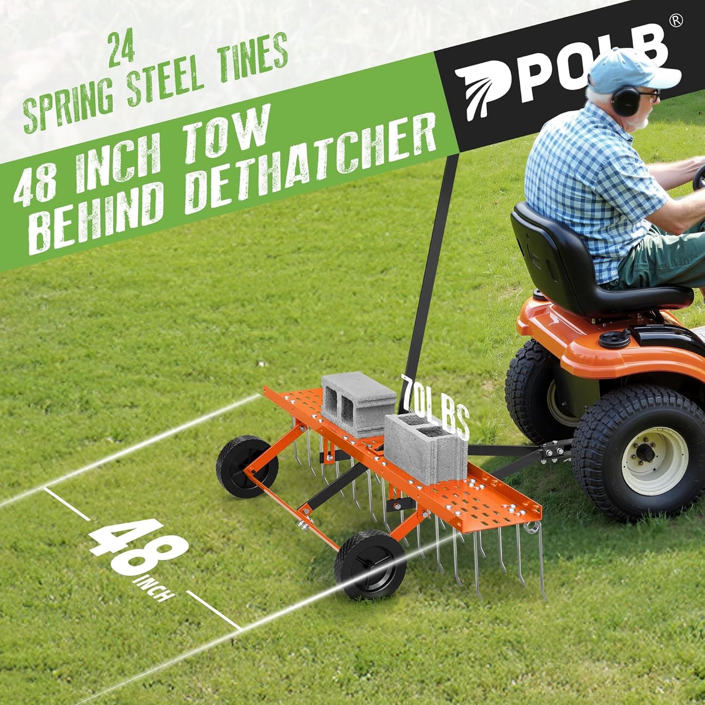 48" Tow-Behind Dethatcher with 24 Spring Steel Tines, Pull Behind Lawn Tractor Mower Grass Rake for Yard, Garden, and Farm Care – Removes Thatch, Leaves, and Pine Needles-Orange