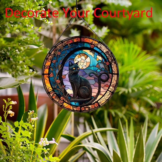 Black Cat Stained Glass Window Hangings,Suncatcher Stained Glass for Windows for Cat Lovers,20cm/7.87inch Hand-Painted Sun Catcher Garden Hangings Halloween Fall Christmas Decor for Home