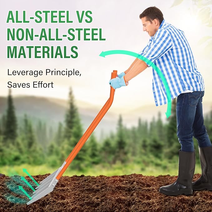 VASALAID Broadfork 5-Tine Broadforks for Gardening Ergonomic U-Shaped Design Heavy Duty Garden Fork for Gardening Cultivating Farm Garden Digging Crushing Aerate Soil