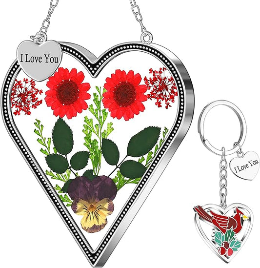 KY&BOSAM Heart Suncatcher Gift for Mom I Love You Heart Wind Chime for Windows Pressed Flower Between Heart in Glass and Metal Engraved Charm Birthday Gift for Women Mother's Day Valentine's Christmas